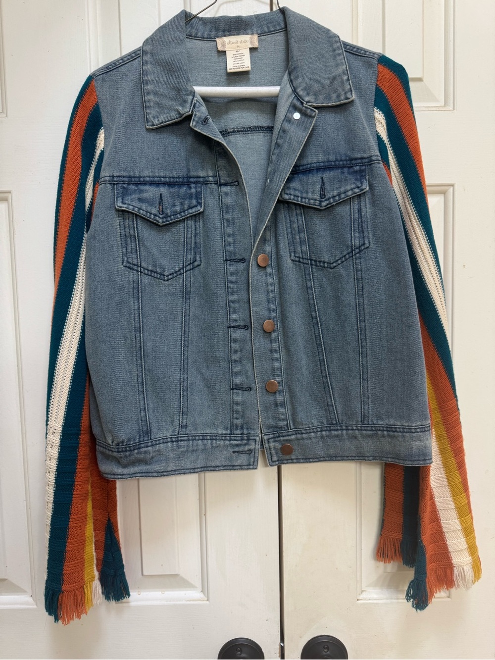Altar’d State Blue Denim Jacket with Striped Knit Sleeves